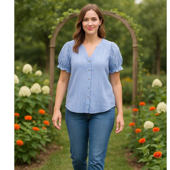 Nannette Lenore Blue Blouse L Eyelet Puff Sleeve Button Up Top - Picture 1 of 3